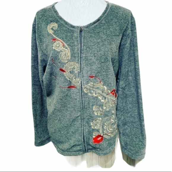 REBECCA Malone Gray Embroidered Fleece Sweater - Picture 1 of 9